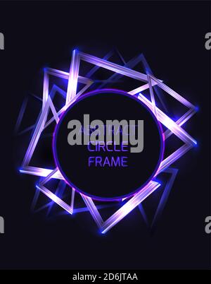 Round frame with abstract neon triangles and glister on dark background. Vector template for cards, posters, banners and your design. Stock Vector
