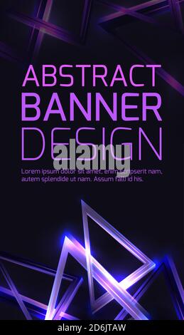 Vertical template of banner with abstract 3d background with neon triangles and sparkles on dark background with place for text. Vector element for pl Stock Vector