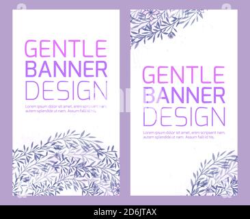 Set of vertical banners with delicate pattern of plants, branches with leaves and watercolor splashes. Objects separate from the background. Vector te Stock Vector