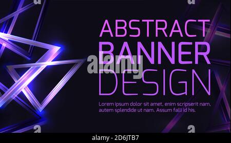 Horizontal template of banner with abstract 3d background with neon triangles and sparkles on a dark background. Vector element for placat, voucher an Stock Vector