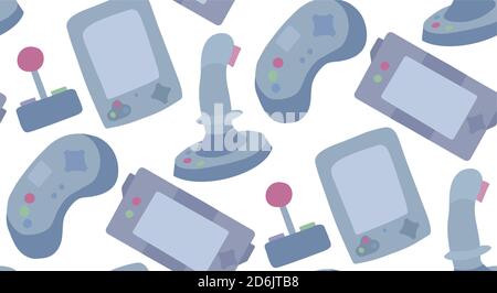 Seamless pattern with flat illustrations of various joysticks and game consoles on white background. Vector texture for wallpaper, backdrop your creat Stock Vector