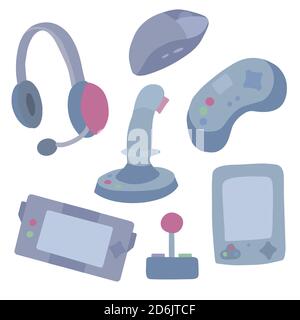 Set of flat illustrations of various joysticks and game consoles. Gaming accessories. Objects separate from the background. Vector element for your cr Stock Vector