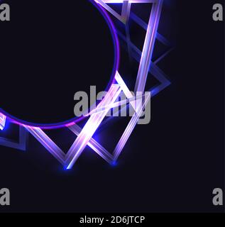 Square cover with round frame with abstract neon triangles and glister on dark background and place for text. Vector template for cards, posters, bann Stock Vector