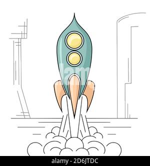 Outline drawing of retro rocket taking off from a spaceport. Space Shuttle. Vector linear drawing for articles, banners and your creativity. Stock Vector