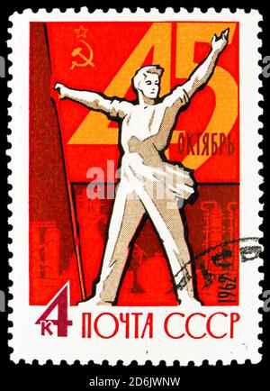 MOSCOW, RUSSIA - SEPTEMBER 15, 2020: Postage stamp printed in USSR (Russia) devoted to 45th Anniversary of Great October Revolution, serie, circa 1962 Stock Photo