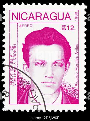 MOSCOW, RUSSIA - SEPTEMBER 15, 2020: Postage stamp printed in Nicaragua shows Ricardo Morales Aviles, Heroes of the Revolution serie, circa 1988 Stock Photo