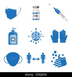 Covid icons set - Collection of vector /EPS simple web icons depicting hygiene, disinfection, symptoms, treatment, virus, prevention and vaccines Edit Stock Vector