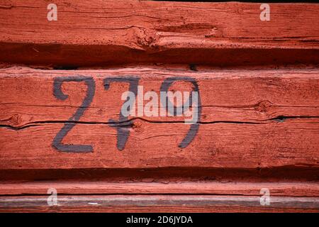 Close up of house number in church town Bonnstan in Skelleftea. Stock Photo