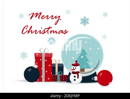 Beautiful Christmas card with toys and gifts. Flat illustration for a website, store, or app with children s products. Bright holiday banner with a snow ball, snowman, snowflakes, Christmas balls and bright gifts. Banner for an ad, flyer, or booklet. Greeting card for Christmas or new year 2021. Stock Vector