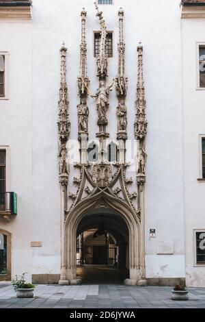 Brno, Czech Republic - September 13 2020: Old Town Hall or Stara Radnice Entrance Facade with Crooked Phial Stock Photo