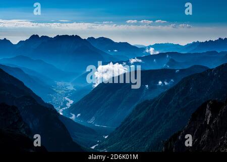 Aerial view on the Ansiei valley, Val d'Ansiei, the town Auronzo di Cadore and the lake Lago di Santa Caterina. Stock Photo