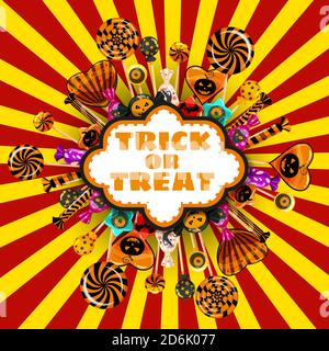 Halloween Trick or Treat banner Candy and sweets template. Autumn october holiday tradition celebration poster. Vector illustration isolated Stock Vector
