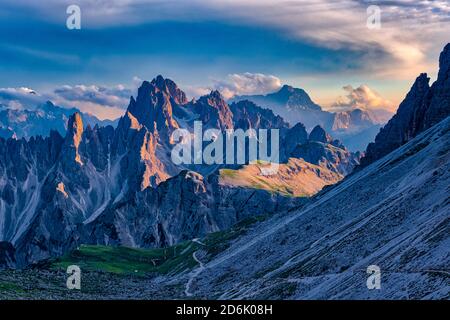 The mountain group Cadini di Misurina, seen from the mountain hut Auronzo, Rifugio Auronzo, at sunset. Stock Photo