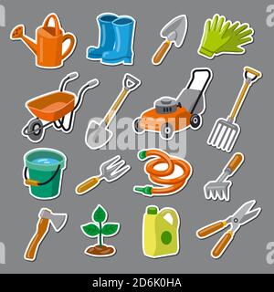 illustration of gardening tools stickers and tags set Stock Vector