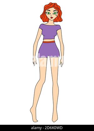 Beautiful cartoon girl in violet clothes and with orange hair, vector made as child's drawing Stock Vector