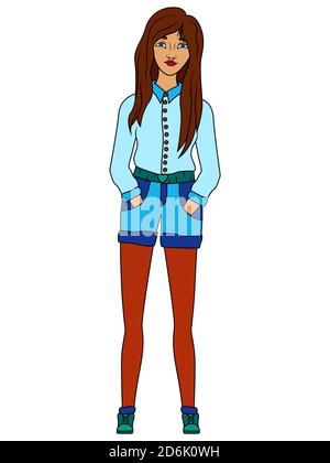 Fashionable cartoon girl in shorts and a blouse in blue color, vector made as child's drawing Stock Vector