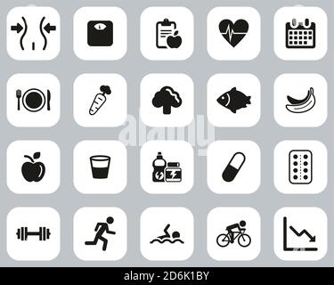Diet or Weight Watch Icons Black & White Flat Design Set Big Stock Vector