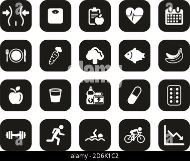 Diet or Weight Watch Icons White On Black Flat Design Set Big Stock Vector