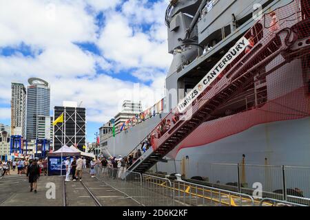 Members of the public boarding HMAS Canterbury, a New Zealand Navy ship, at a Port of Auckland open day. Auckland, NZ, January 16 2019 Stock Photo