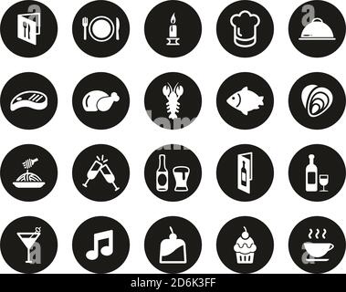 Dinner Or Romantic Dinner Icons White On Black Flat Design Circle Set Big Stock Vector
