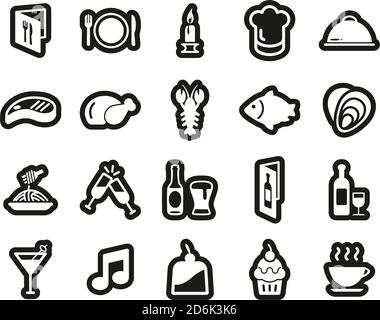 Dinner Or Romantic Dinner Icons White On Black Sticker Set Big Stock Vector