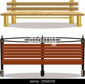 Two sorts of wooden park benches set isolated on white background. Vector illustration benches for outdoor decor and cartoon props. Stock Vector