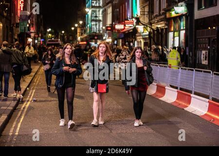 PHOTO:JEFF GILBERT 16th October 2020. Soho, West End, Central London, UK A group of young woman on Old Compton Street during what is percieved as the Last Night of Freedom as Tier 2 Lockdown is enforced on gatherings at restaurants and bars in Soho, London, UK Stock Photo