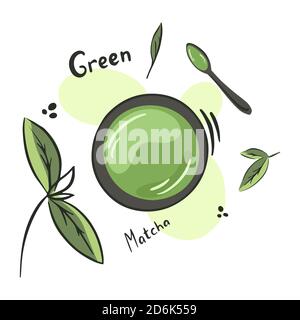 Collection of matcha tea products. Matcha powder, tea pot, bamboo spoon, tea leaves,. Hand drawn vector set. Stock Vector
