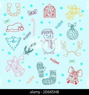 Large set of colored simple linear icons of festive New Year s Christmas things snowmen, toys, bells, gifts. Set of New Year s winter characters Stock Vector