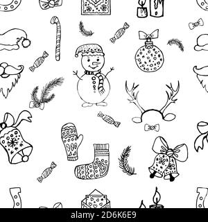 Seamless pattern of festive New Year s Christmas things snowmen, toys, bells, gifts. New Year winter characters, decorations. Santa Claus and candles Stock Vector