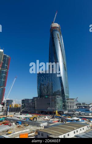 Construction of the new suburb of Barangaroo in Sydney, Australia, seen on Hickson Road from an elevated vantage point on High Street in Millers Point near The Rocks. Barangaroo is named after the indigenous wife of Australian Aboriginal artist, Bennelong. When completed, Barangaroo will contain retail outlets, 5-star hotels, a casino and highrise apartments. Stock Photo