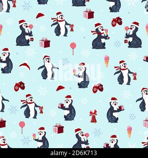 Seamless background with penguins and snowflakes. Cute cartoon penguin illustration. Sample of animals. Stock Vector