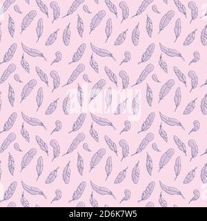 Purple feathers seamless repeat pattern vector background, pink and light blue pattern, cute girly pattern Stock Vector