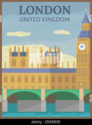 Illustration vector design of retro and vintage travel poster of big ben in London, United Kingdom Stock Vector
