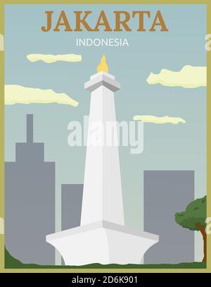 Illustration vector design of retro and vintage poster of monas in Jakarta Stock Vector