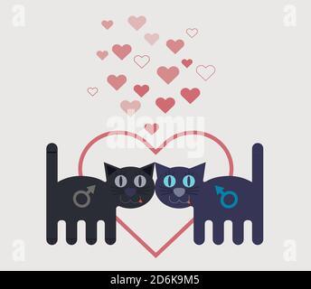 LGBT concept. Loving cats on the background of a large heart. Vector. Valentine's day card Stock Vector