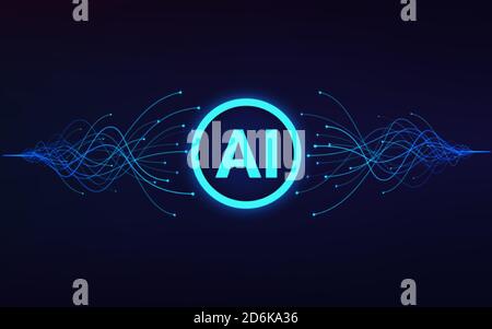 Artificial intelligence. AI text in center and moving blue waves. Machine learning and data analytics. Vector Stock Vector