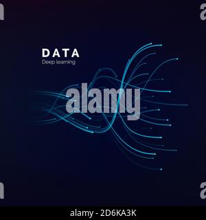 Data visualization. Deep learning or big data concept. Abstract blue waves on dark background. vector Stock Vector