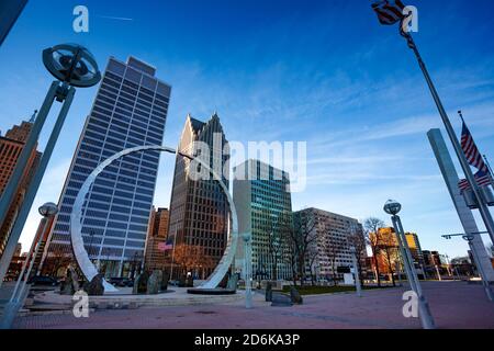 Michigan Labor Legacy Monument on Hart Plaza near river embarkment in Detroit, USA Stock Photo