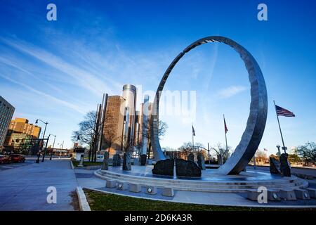 View of Michigan Labor Legacy Monument on Hart Plaza near river embarkment in Detroit, USA Stock Photo