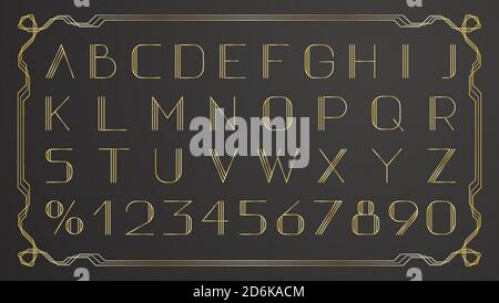 Retro gold thin retro font on black background. Vintage vector gold border. Stock Vector