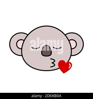 Koala emoji sending kiss. Cute koala blows kiss. Funny kawaii koala in love. Romantic animal character with heart and lips. Isolated on white. Vector Stock Vector