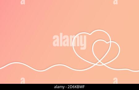 Continuous line drawing two hearts. Love concept. Valentines day. Vector on isolated pink background. EPS 10. Stock Vector