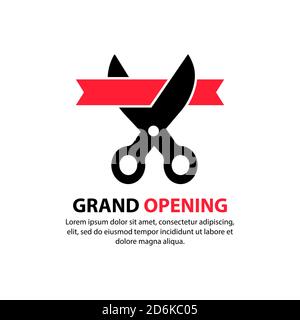 Grand opening. Scissors cut the red ribbon. Inauguration icon. Concept of invite congratulation for client of restaurant or cafe. Vector on isolated Stock Vector