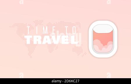 Time to travel. Airplane window shade with outside sky view. Background of window plane with world map.Travelling banner mock up. View from cockpit Stock Vector