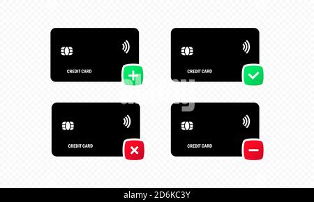 Collection of credit card icons in flat style. Approved and failed payment icon. Contactless card icon. Credit card actions. Vector on isolated white Stock Vector