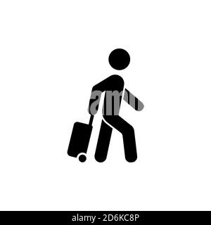 Passenger icon. Traveling bag icon. Pull bag for rolling. Man carrying suitcase sign. Tourist transportation. Cargo delivery. Vector on isolated white Stock Vector