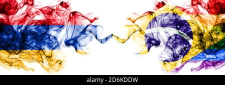 Armenia vs Brazil, Brazilian, Gay smoky mystic flags placed side by side. Thick colored silky abstract smoke flags Stock Photo