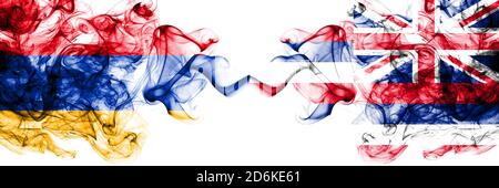 Armenia vs United States of America, America, US, USA, American, Hawaii, Hawaiian smoky mystic flags placed side by side. Thick colored silky abstract Stock Photo