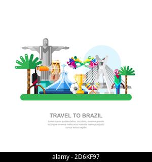 Travel to Brazil vector flat illustration. Brazilian national symbols and landmarks icons and design elements. Stock Vector